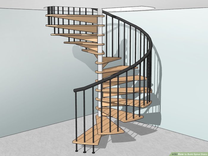 A spiral staircase winds up to the top