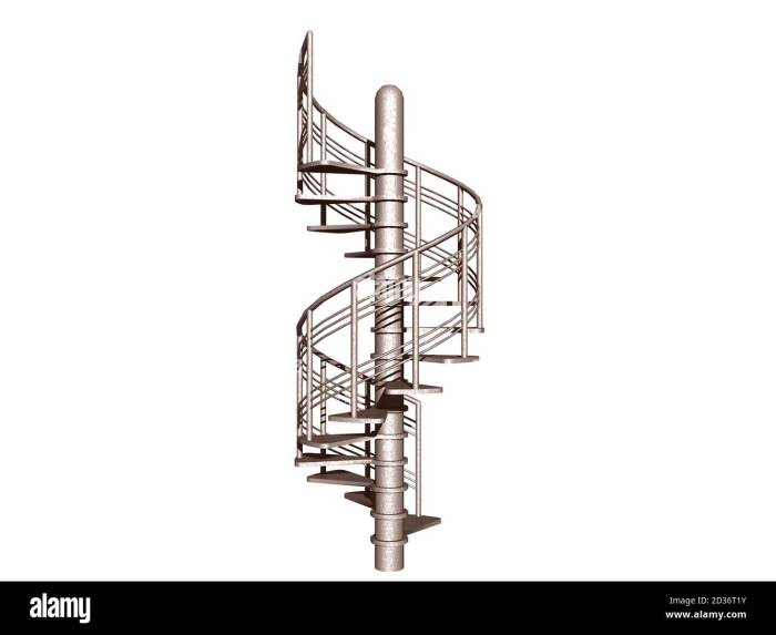 A spiral staircase winds up to the top